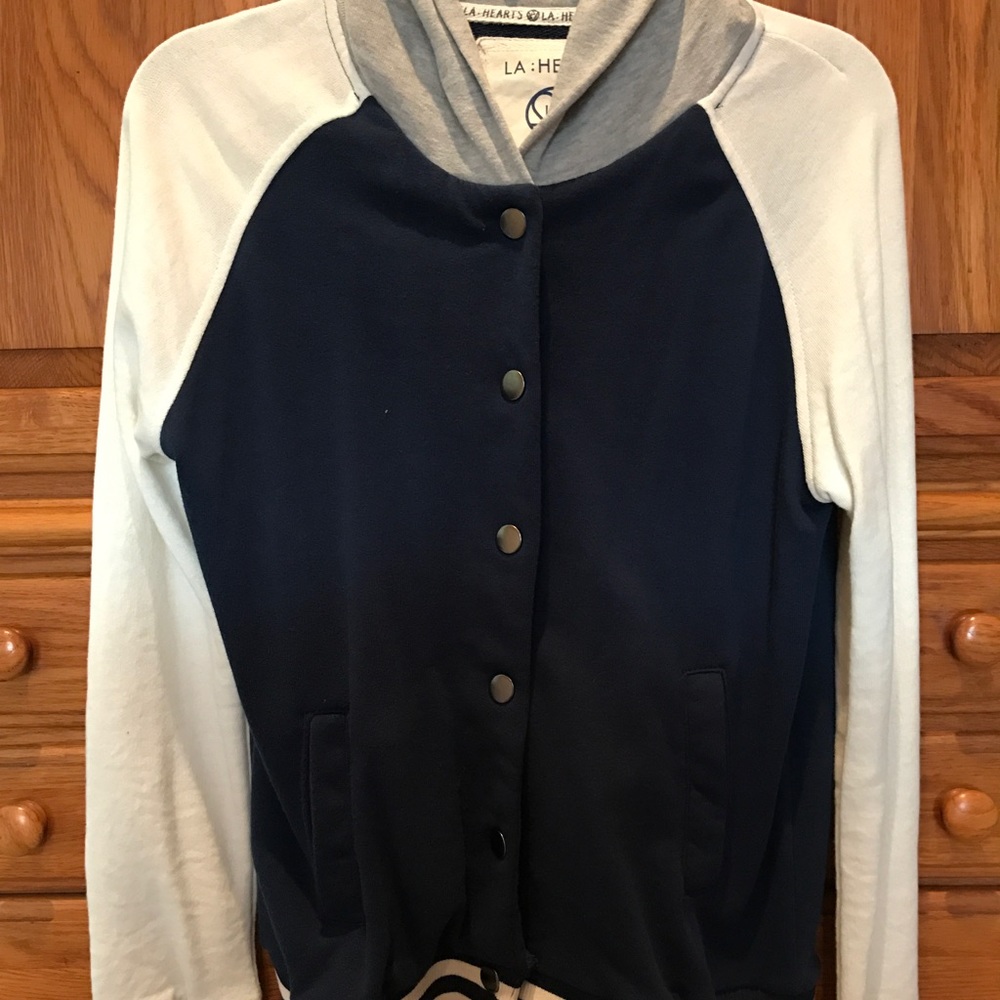Blue and white varsity like button up jacket